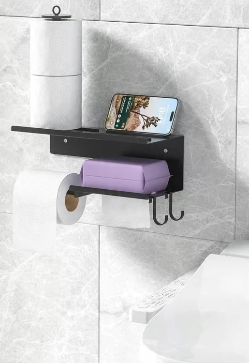 Uchwyt na papier toaletowy METALOWY ścienny z półką loft czarny 4 w 1 WC
