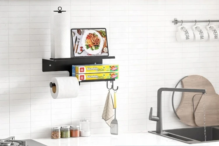 Uchwyt na papier toaletowy METALOWY ścienny z półką loft czarny 4 w 1 WC