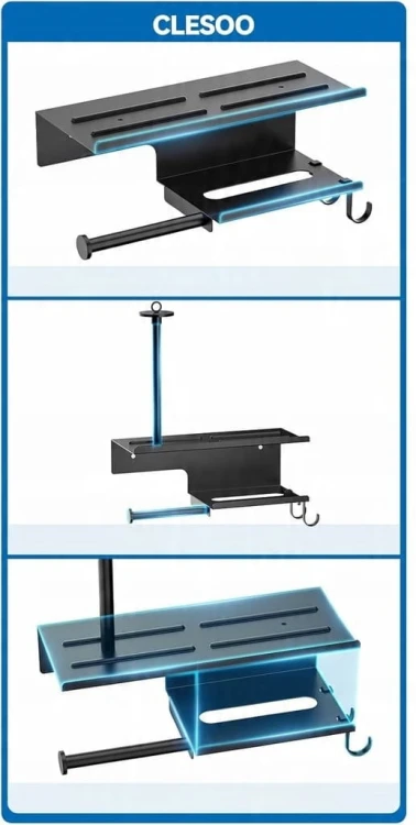 Uchwyt na papier toaletowy METALOWY ścienny z półką loft czarny 4 w 1 WC