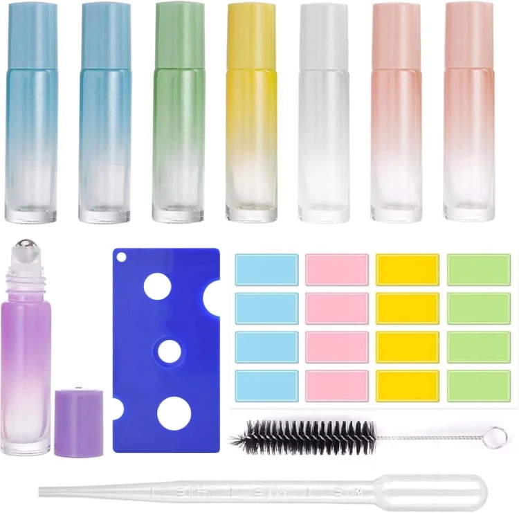 Zestaw 8 kolorowych szklanych butelek roll-on pefumy olejki 10 ml pipeta