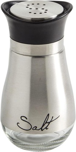 Solniczka i pieprzniczka szklany zestaw ze stojakiem INOX stal szczotkowana