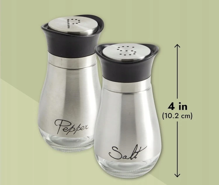 Solniczka i pieprzniczka szklany zestaw ze stojakiem INOX stal szczotkowana