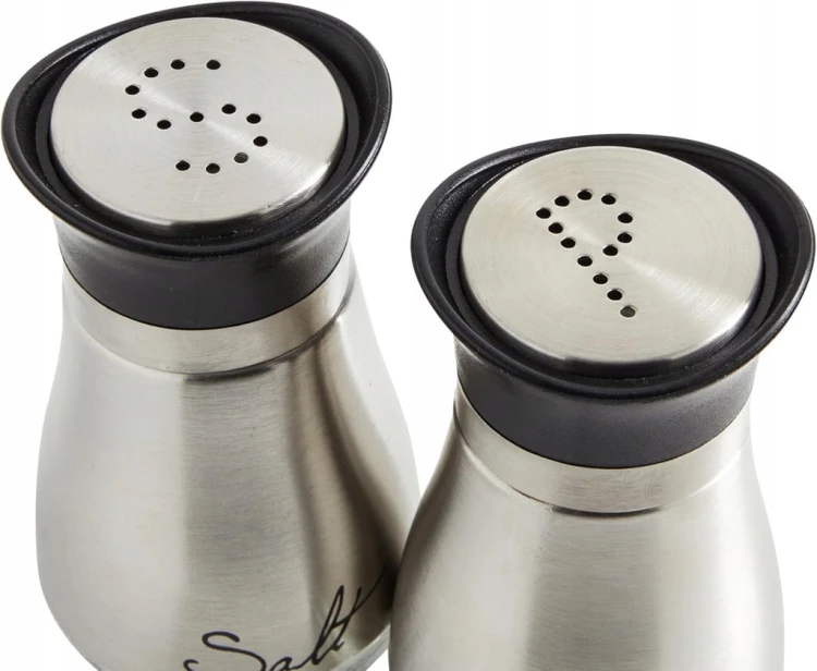 Solniczka i pieprzniczka szklany zestaw ze stojakiem INOX stal szczotkowana