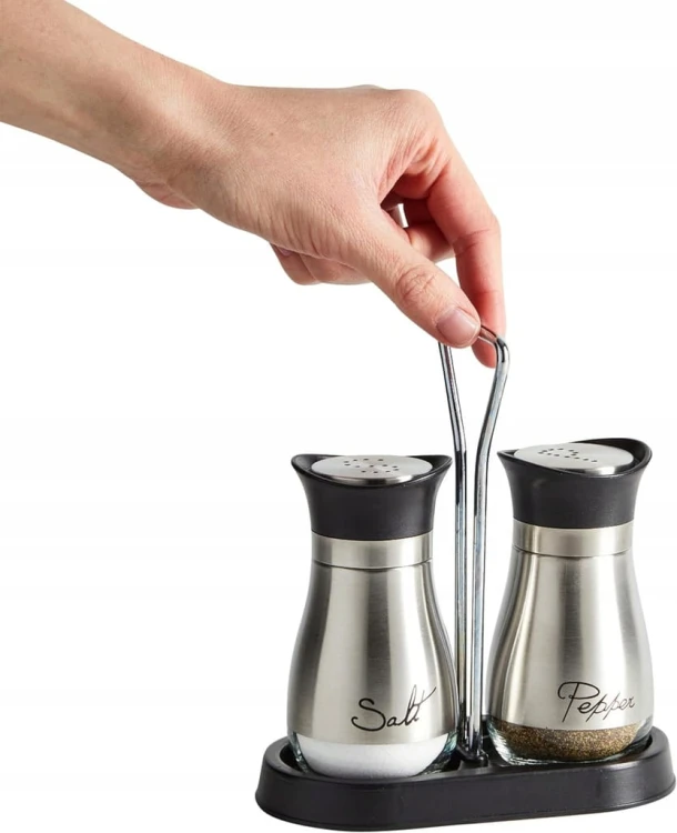 Solniczka i pieprzniczka szklany zestaw ze stojakiem INOX stal szczotkowana