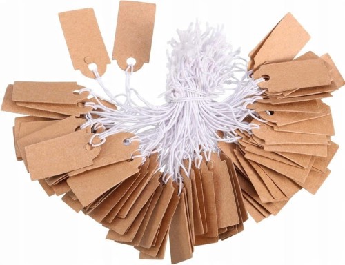100x Etykiety papierowe sznurek papier eko dekoracyjne kraft metki 26x15 mm