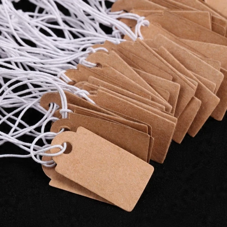 100x Etykiety papierowe sznurek papier eko dekoracyjne kraft metki 26x15 mm