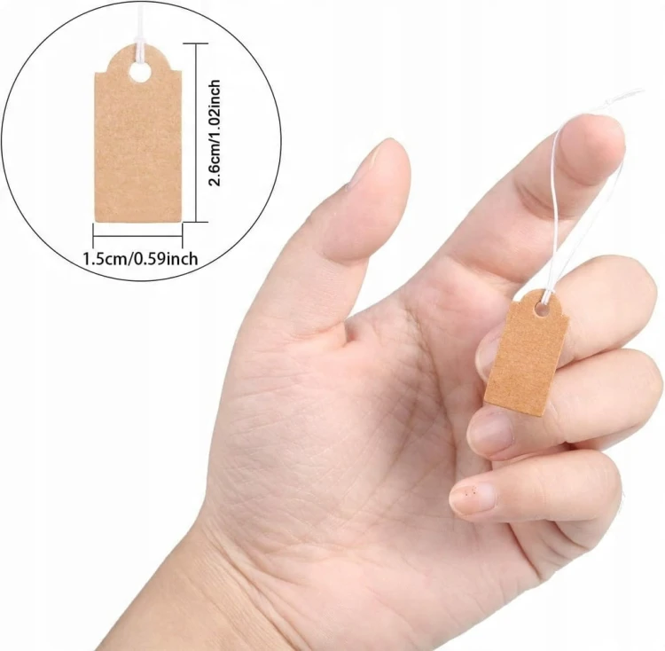 100x Etykiety papierowe sznurek papier eko dekoracyjne kraft metki 26x15 mm